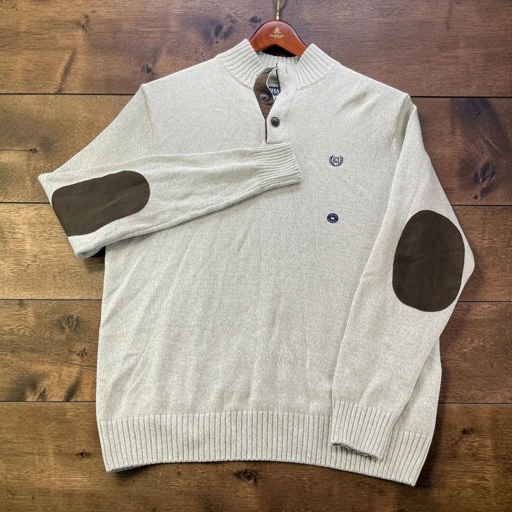 NEW Chaps Mens Cream Oatmeal Cotton Mock Neck Henley Sweater Elbow Patches M